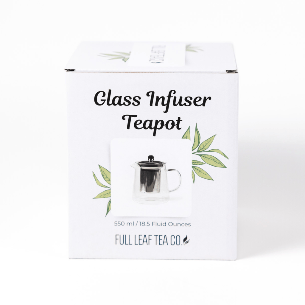 Box of Glass Infuser Teapot from Full Leaf Tea Co on a white background