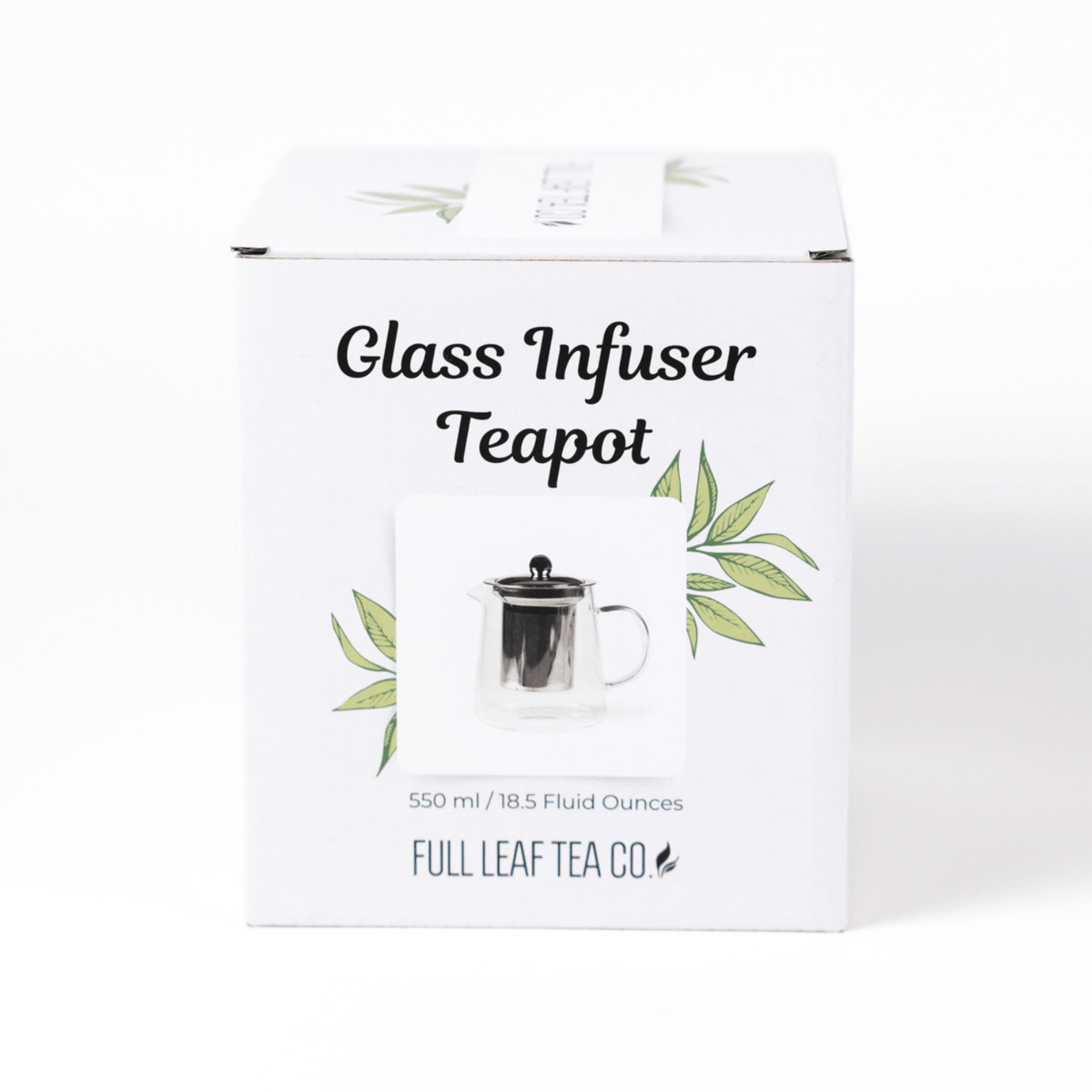 Box of Glass Infuser Teapot from Full Leaf Tea Co on a white background