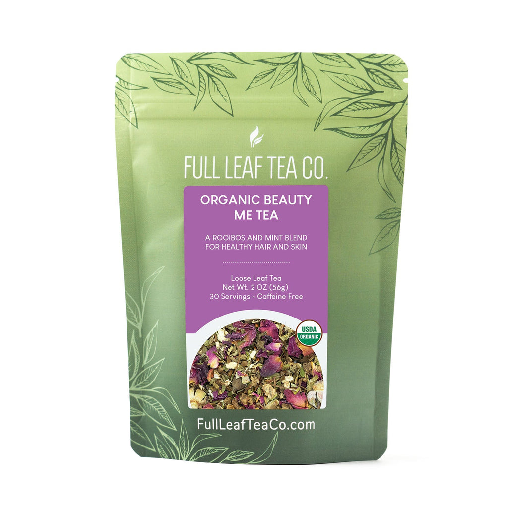 A 2oz bag of Full Leaf Tea Company Organic Beauty Me Loose Leaf Tea.