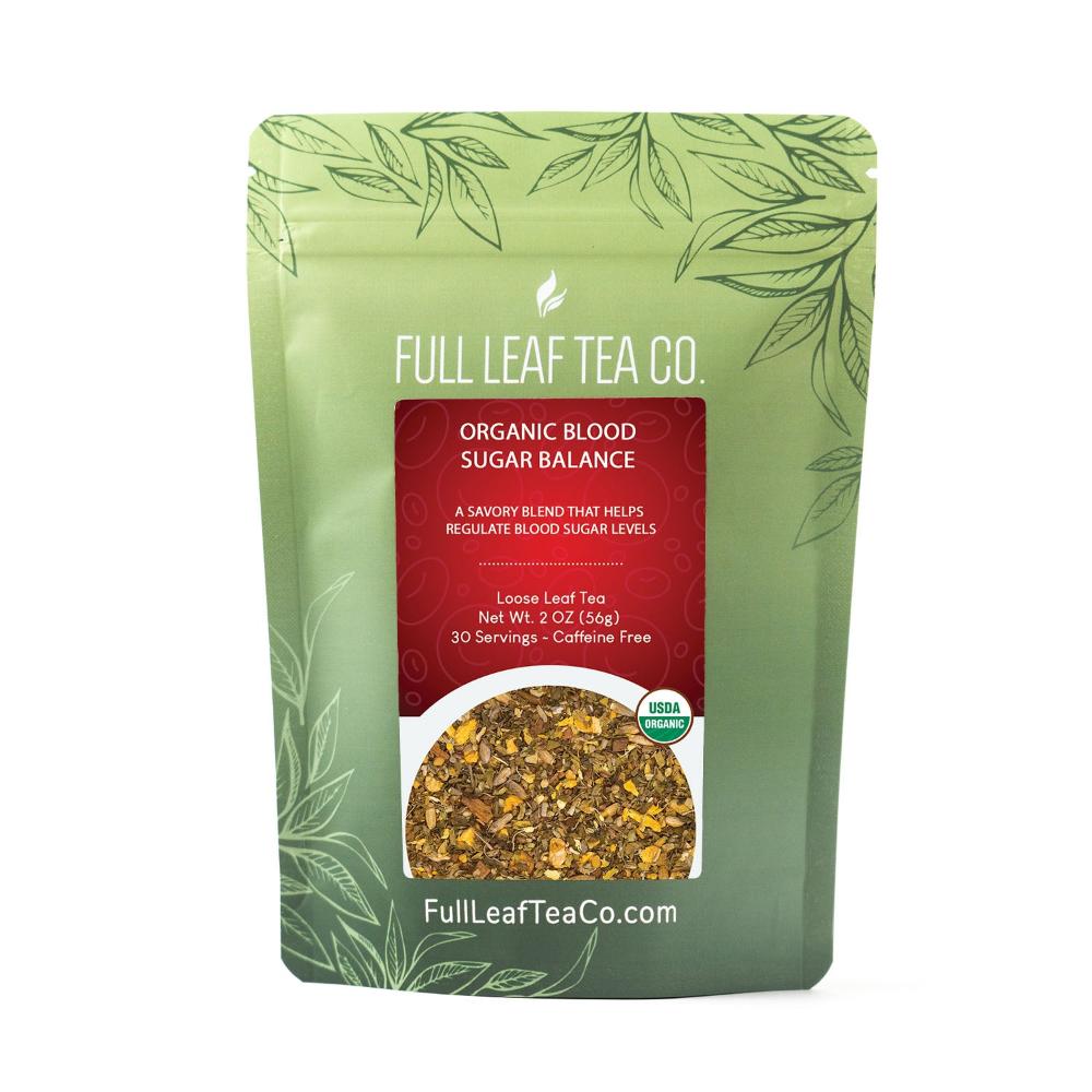 A 2oz bag of Full Leaf Tea Company Organic Blood Sugar Balance Loose Leaf Tea.
