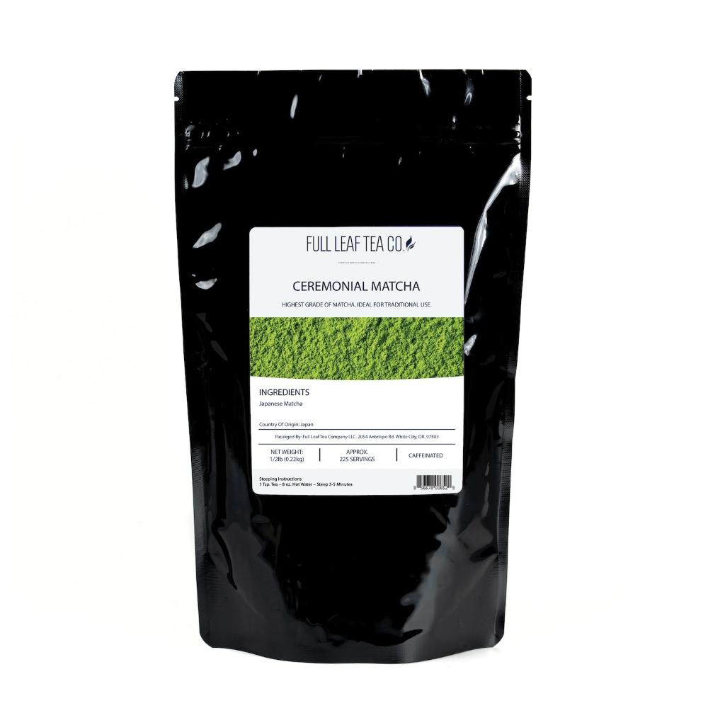 A 1/2 pound bag of Full Leaf Tea Company Ceremonial Matcha.
