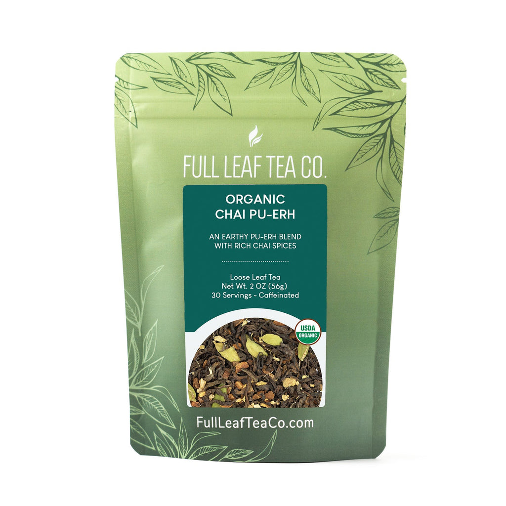 A 2oz bag of Full Leaf Tea Company Organic Chai Pu-Erh Loose Leaf Tea.