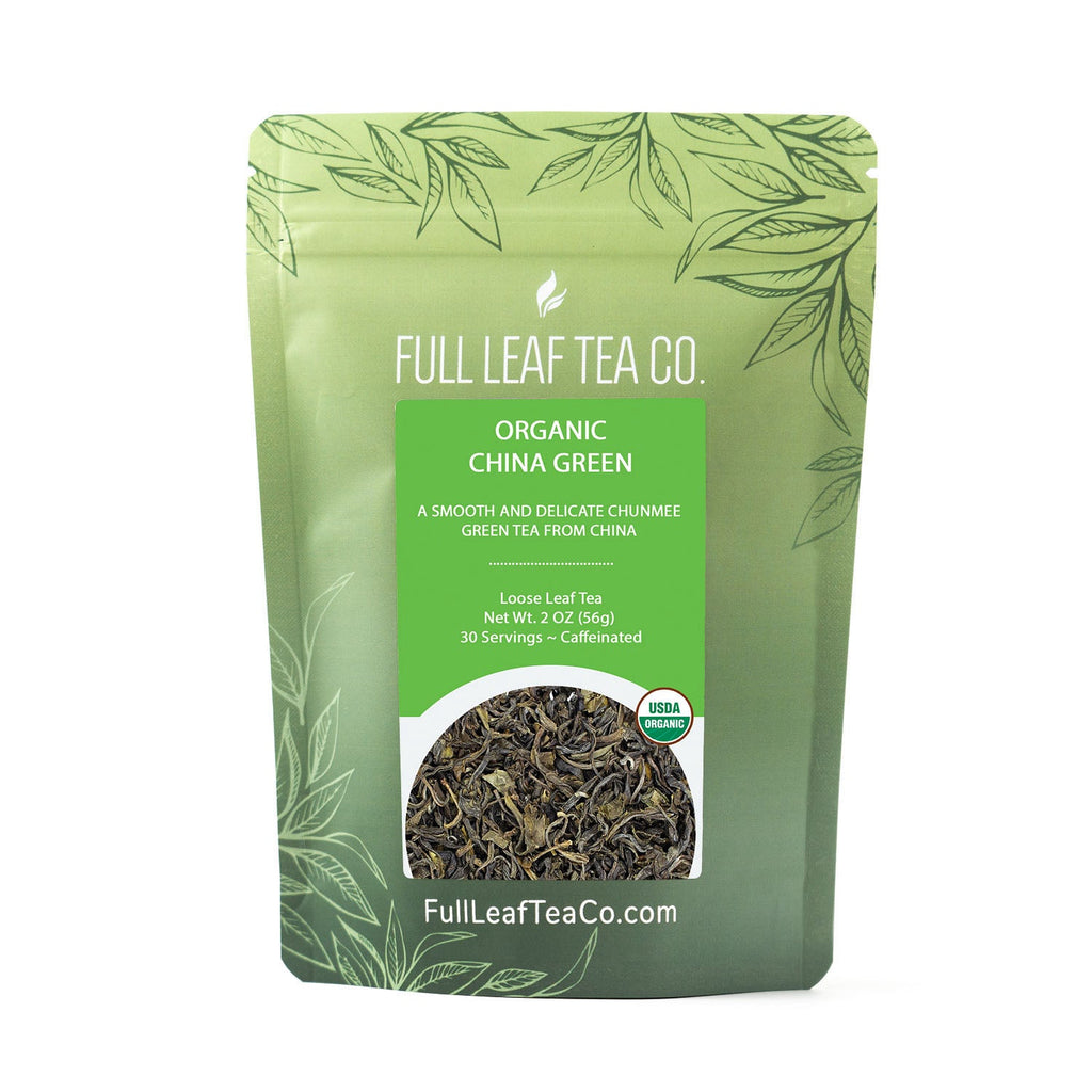 A 2oz bag of Full Leaf Tea Company Organic China Green Loose Leaf Tea.