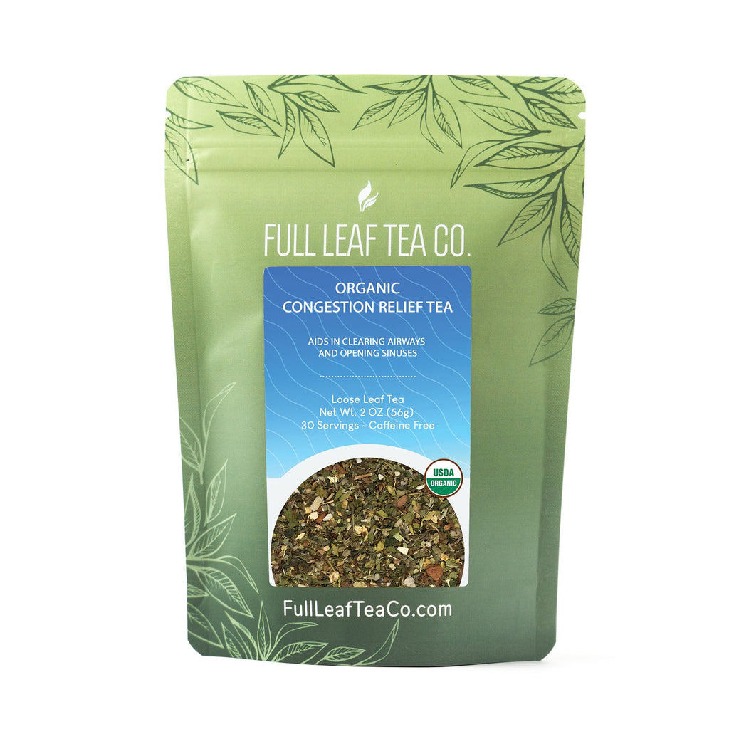 A 2oz bag of Full Leaf Tea Company Organic Congestion Relief Loose Leaf Tea.