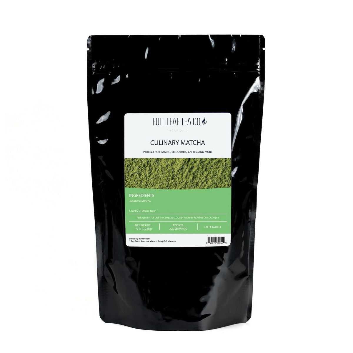 A 1/2 pound bag of Full Leaf Tea Company Culinary Matcha.