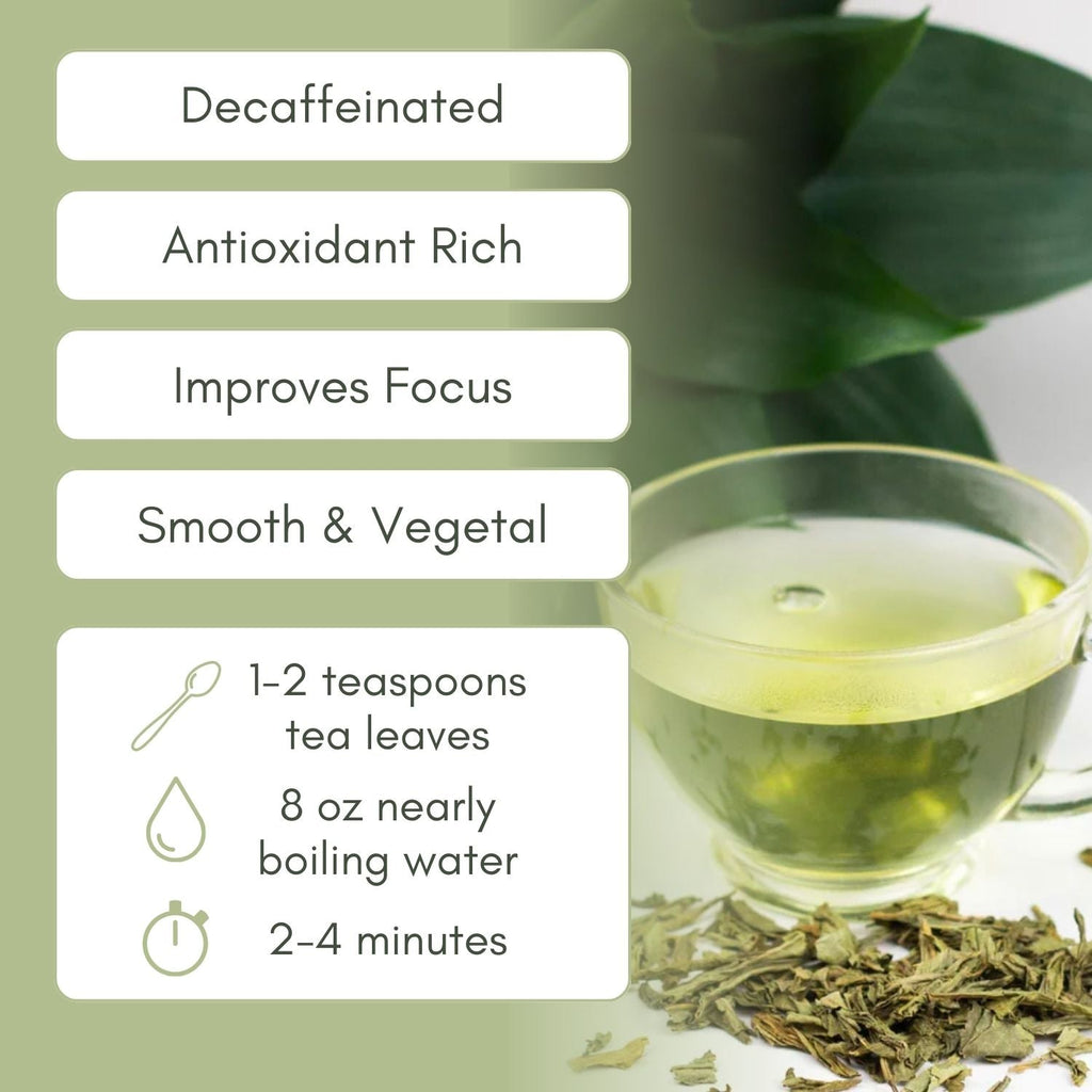 An Infographic description for Organic Decaf Sencha.