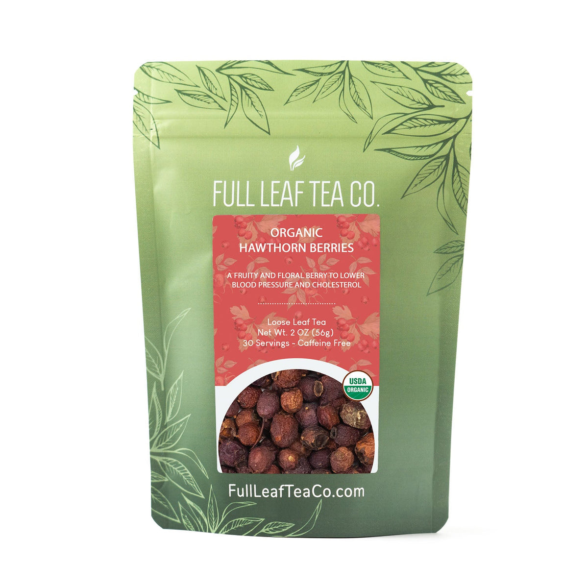 A 2oz bag of Full Leaf Tea Company Organic Hawthorn Berries Loose Leaf Tea.