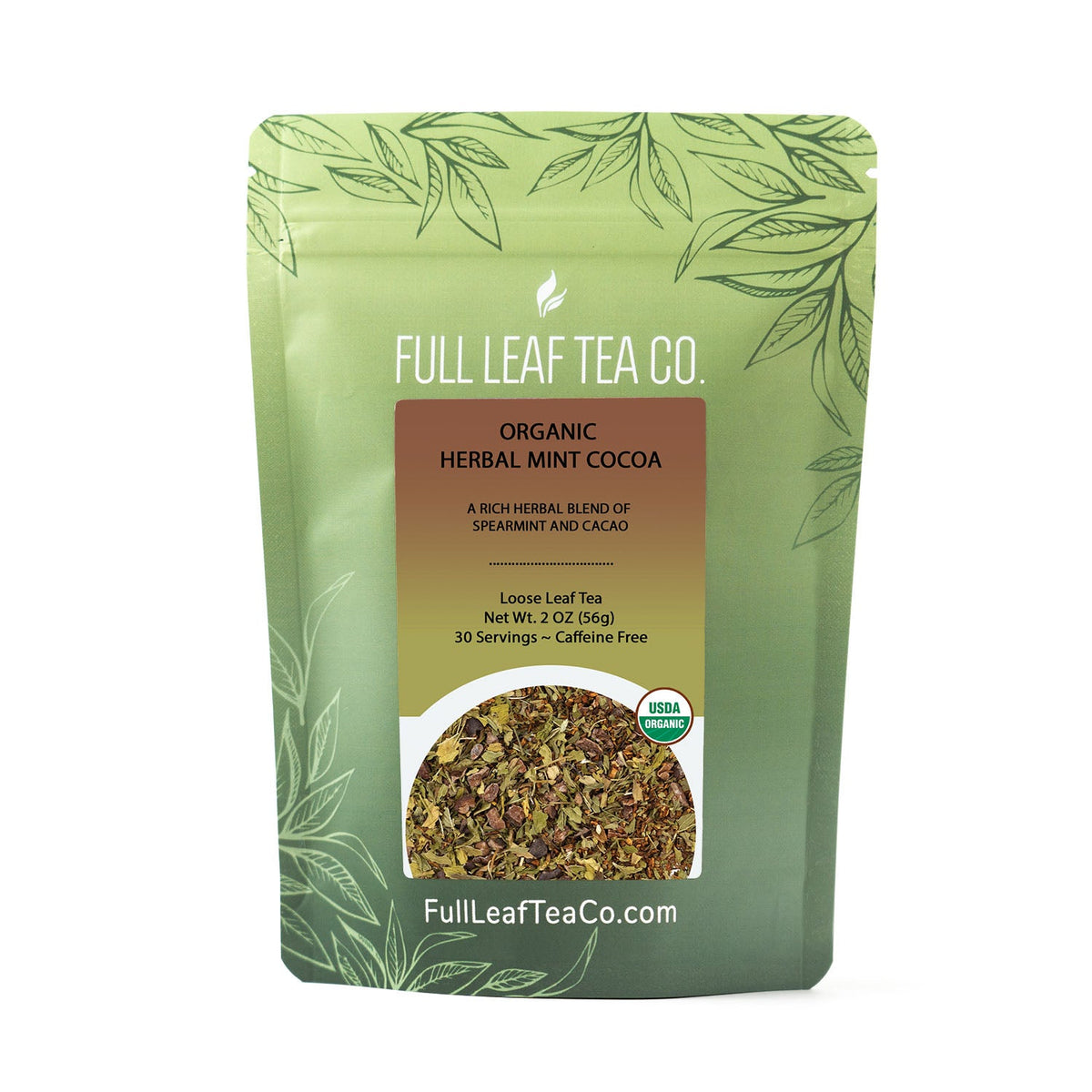 A 2oz bag of Full Leaf Tea Company Organic Herbal Mint Coco Loose Leaf Tea.