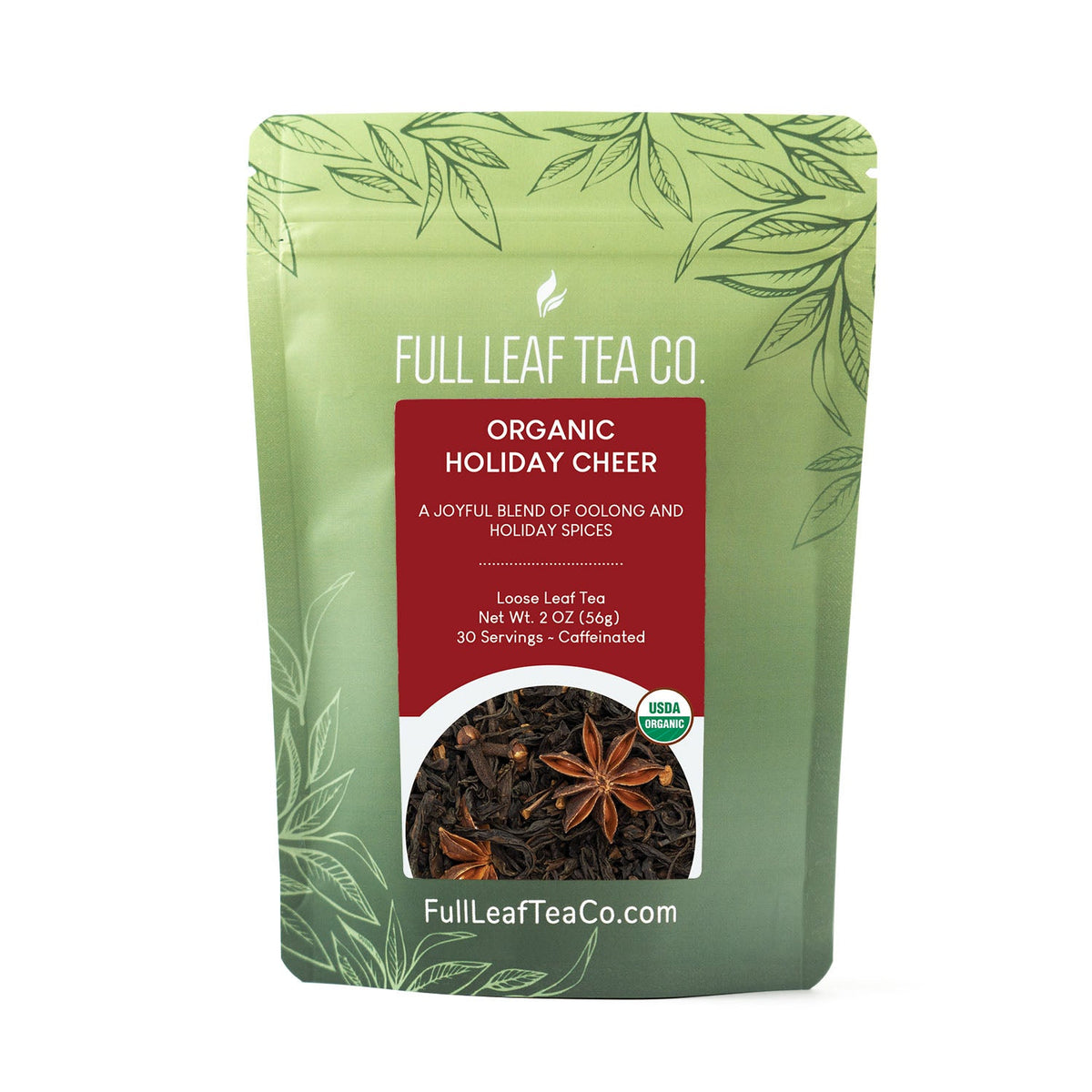 A 2oz bag of Full Leaf Tea Company Organic Holiday Cheer Loose Leaf Tea.