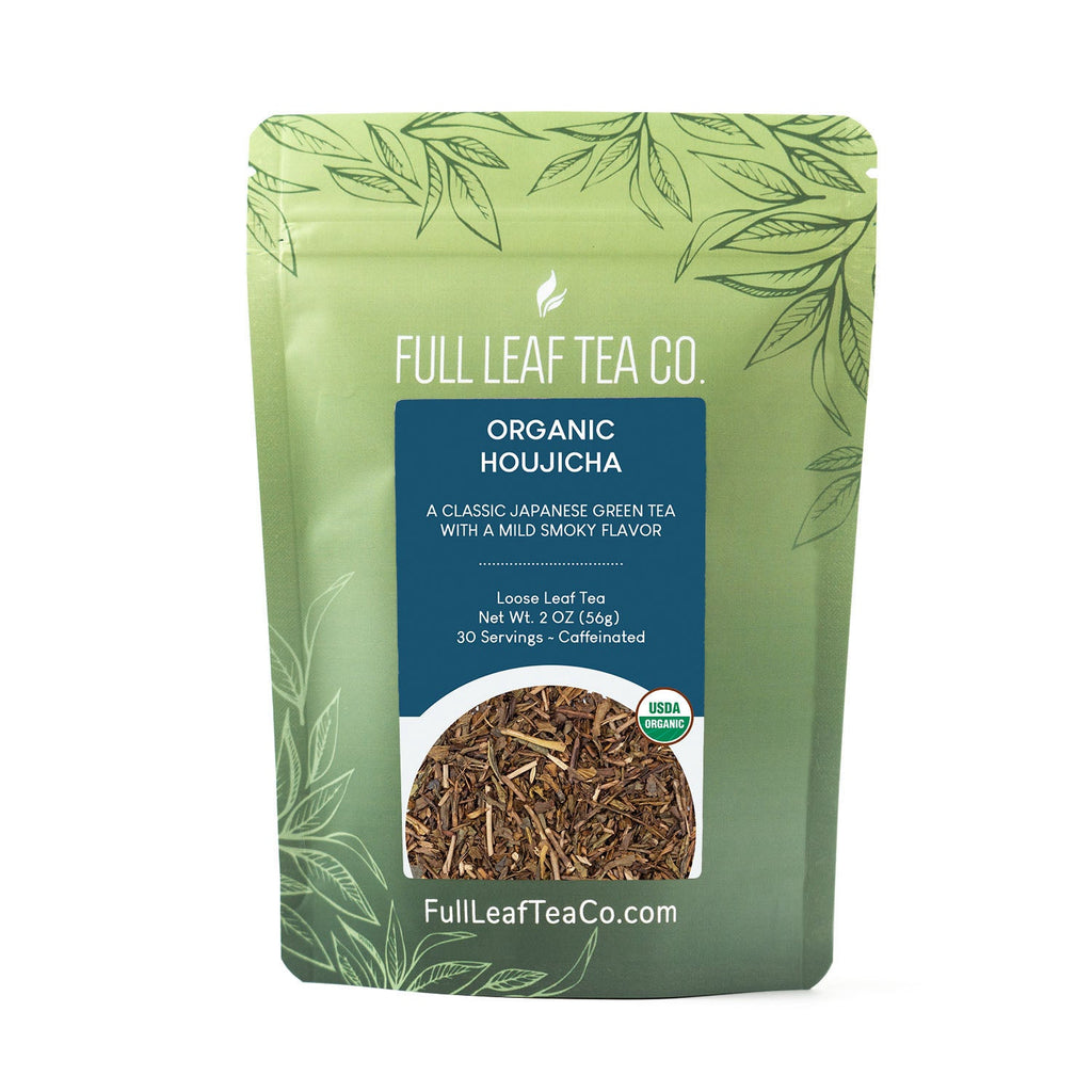 A 2oz bag of Full Leaf Tea Company Organic Houjicha Loose Leaf Tea.
