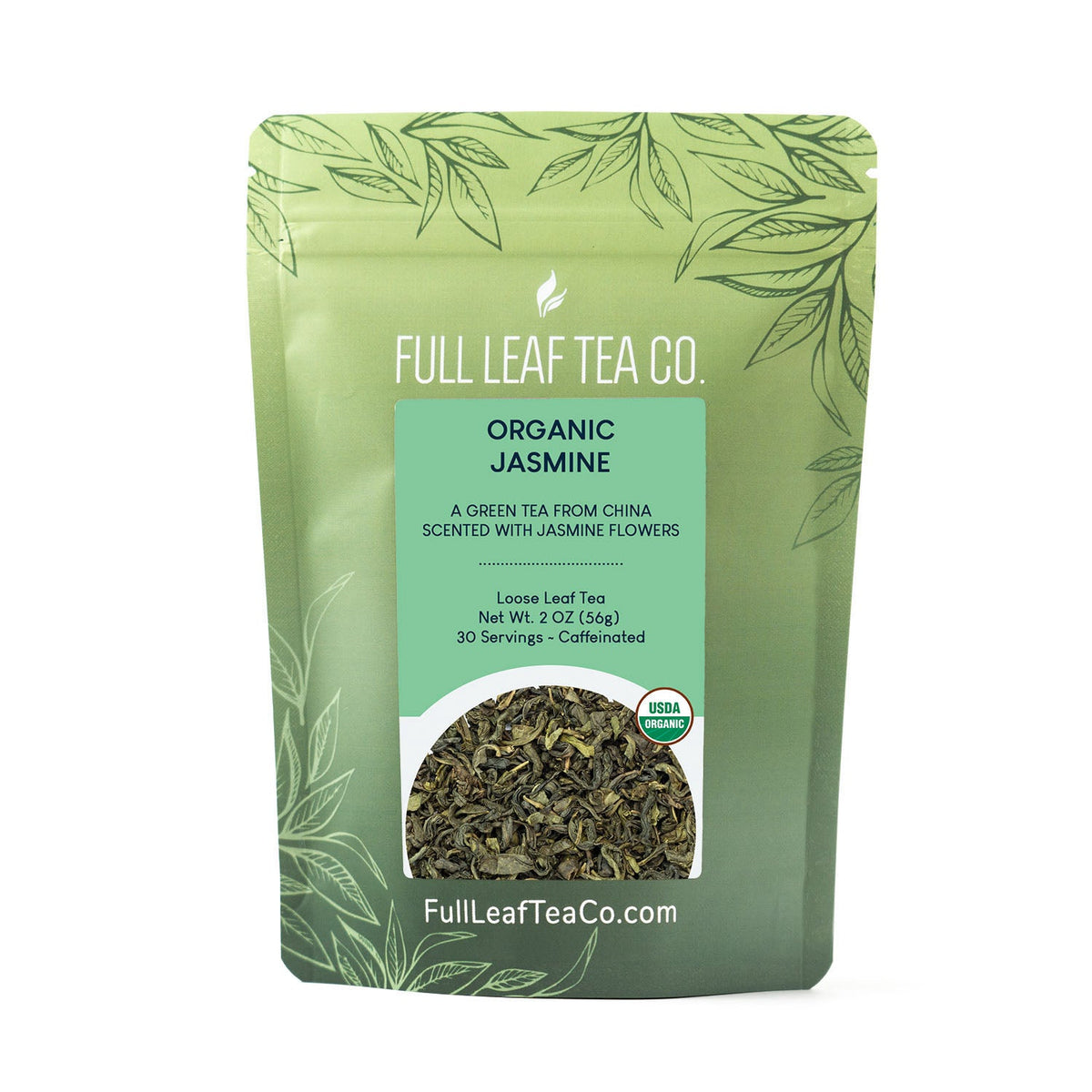 A 2oz bag of Full Leaf Tea Company Organic Jasmine Loose Leaf Tea.