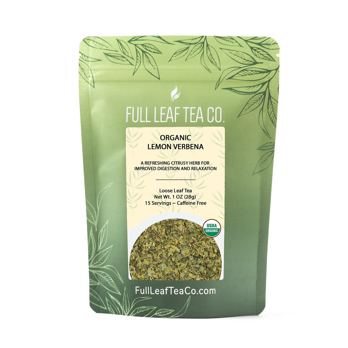 A 1oz bag of Full Leaf Tea Company Organic Lemon Verbena Loose Leaf Tea.