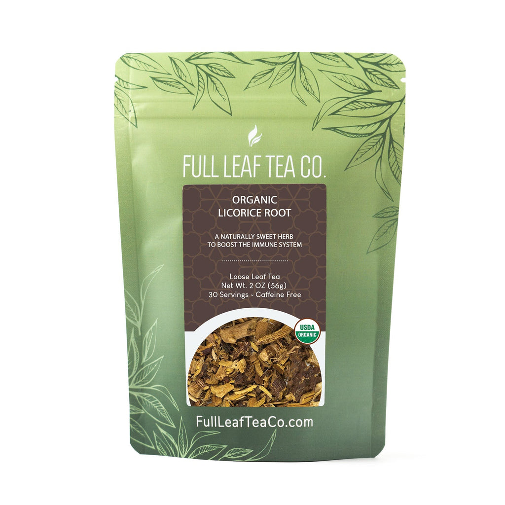 A 2oz bag of Full Leaf Tea Company Organic Licorice Root Loose Leaf Tea.