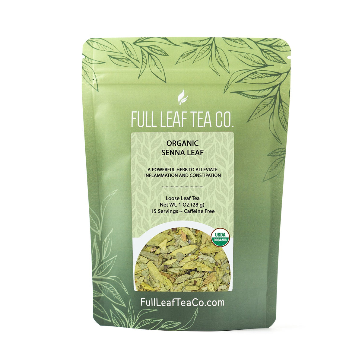A 1oz bag of Full Leaf Tea Company Organic Senna Leaf Loose Leaf Tea.