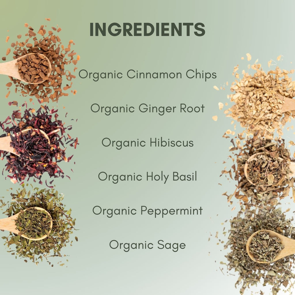 Ingredient graphic for sugar crush tea. Each ingredient fills a wooden spoon and the text reads what ingredient it is. The ingredient list is organic cinnamon chips, organic ginger root, organic hibiscus, organic holy basil, organic peppermint, and organic sage. 