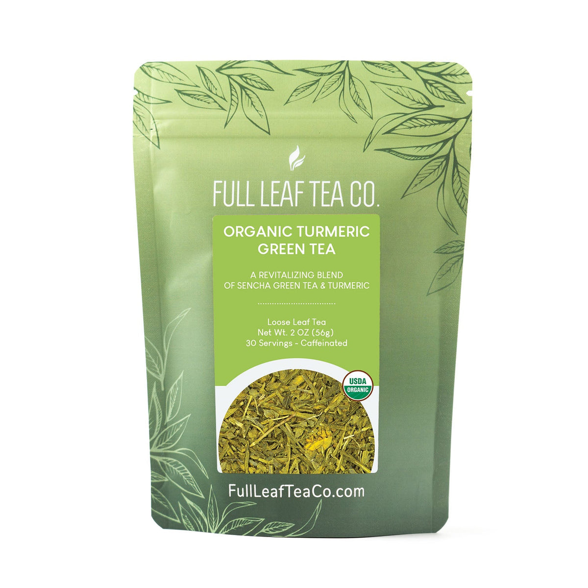 A 2oz bag of Full Leaf Tea Company Organic Turmeric Green Loose Leaf Tea.