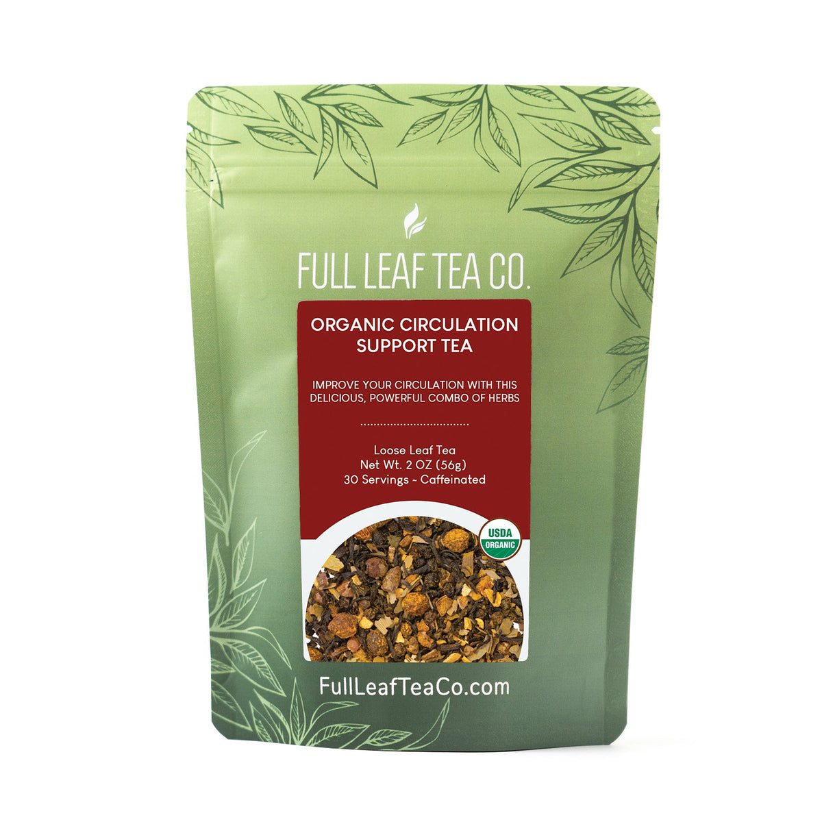 A 2oz bag of Full Leaf Tea Company Organic Circulation Support Loose Leaf Tea.