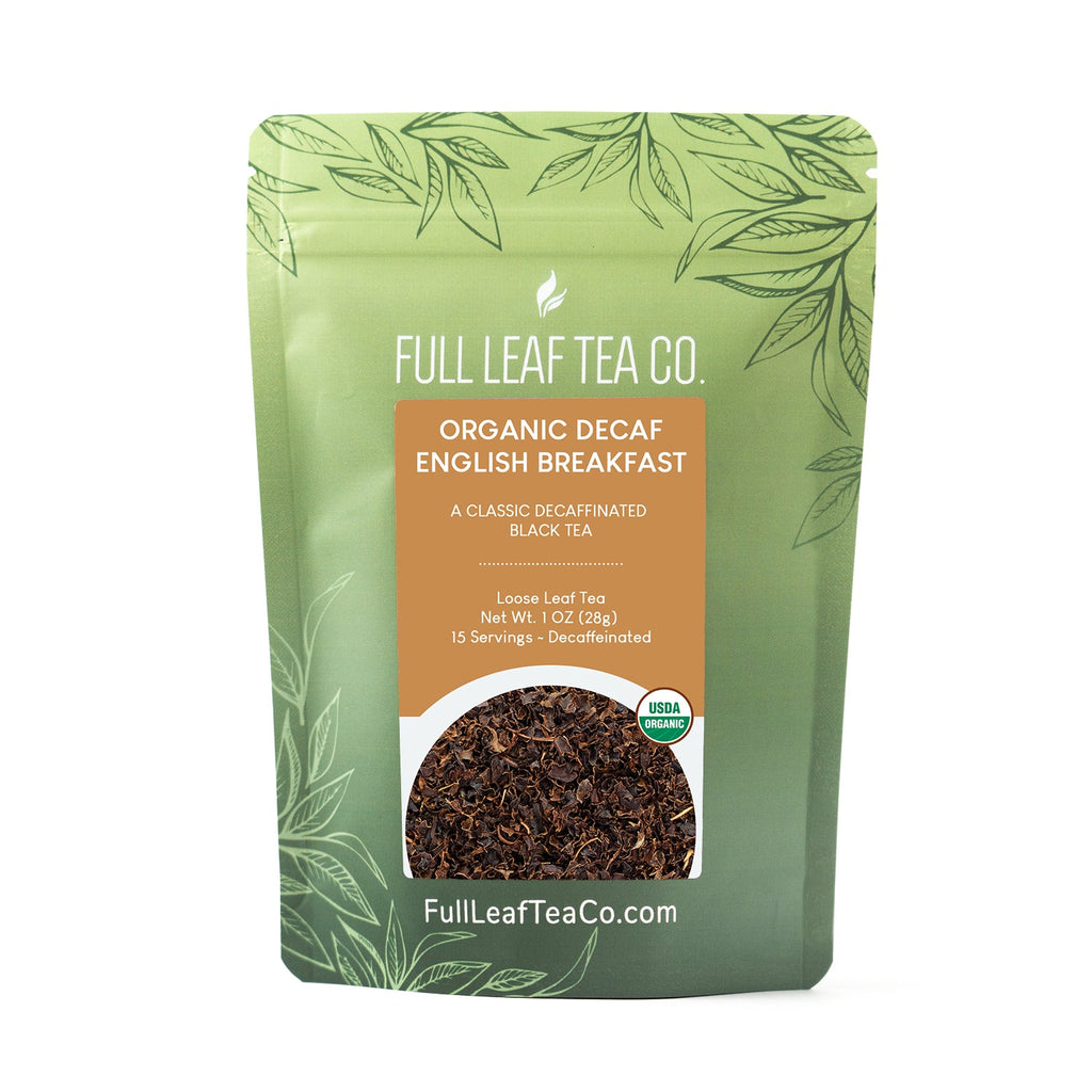 A 1oz bag of Full Leaf Tea Company Organic Decaf English Breakfast Loose Leaf Tea.