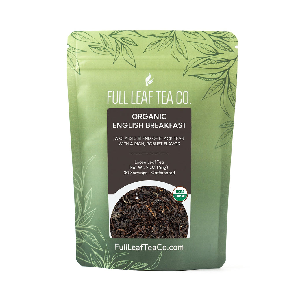 A 2oz bag of Full Leaf Tea Company Organic English Breakfast Loose Leaf Tea.