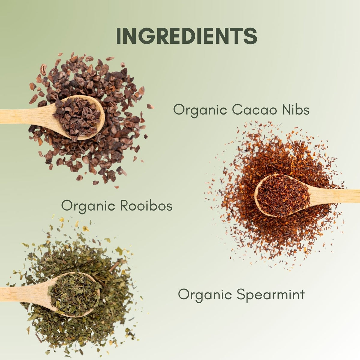 An Ingredient list for Organic Herbal Mint Cocoa Tea.