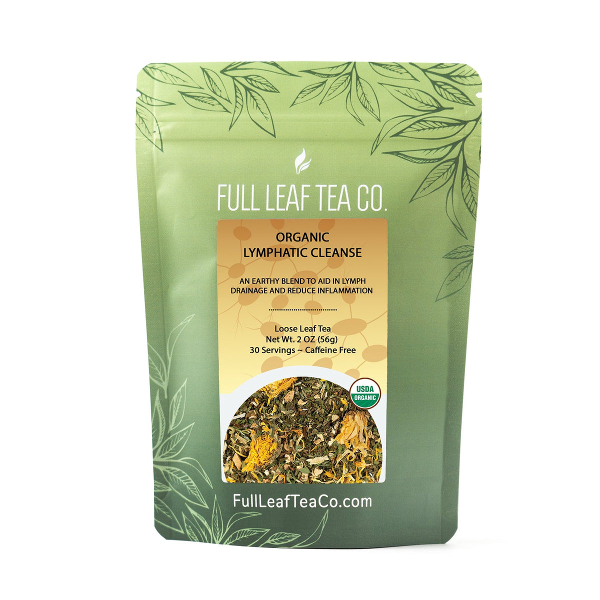A 2oz bag of Full Leaf Tea Company Organic Lymphatic Cleanse Loose Leaf Tea.