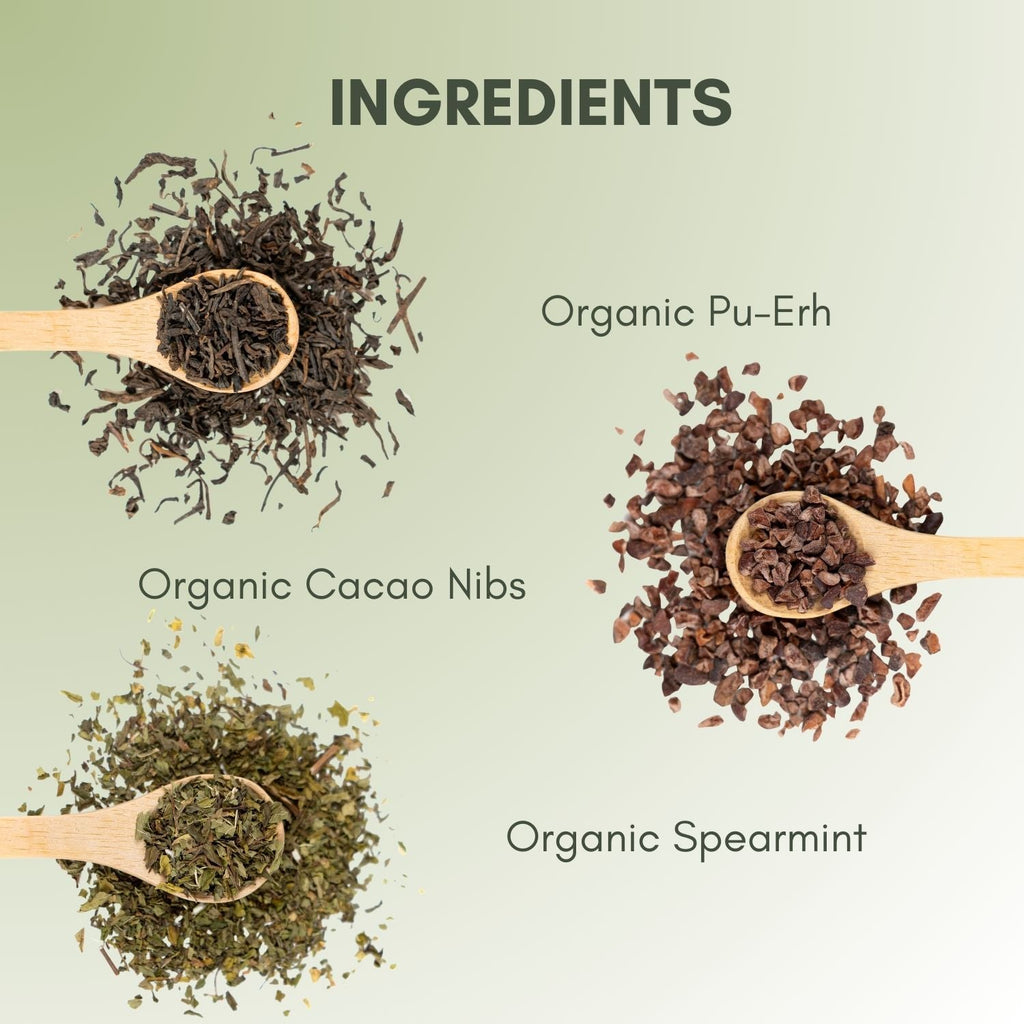 An Ingredient list for Organic Mint Cocoa Pu-Erh Tea.
