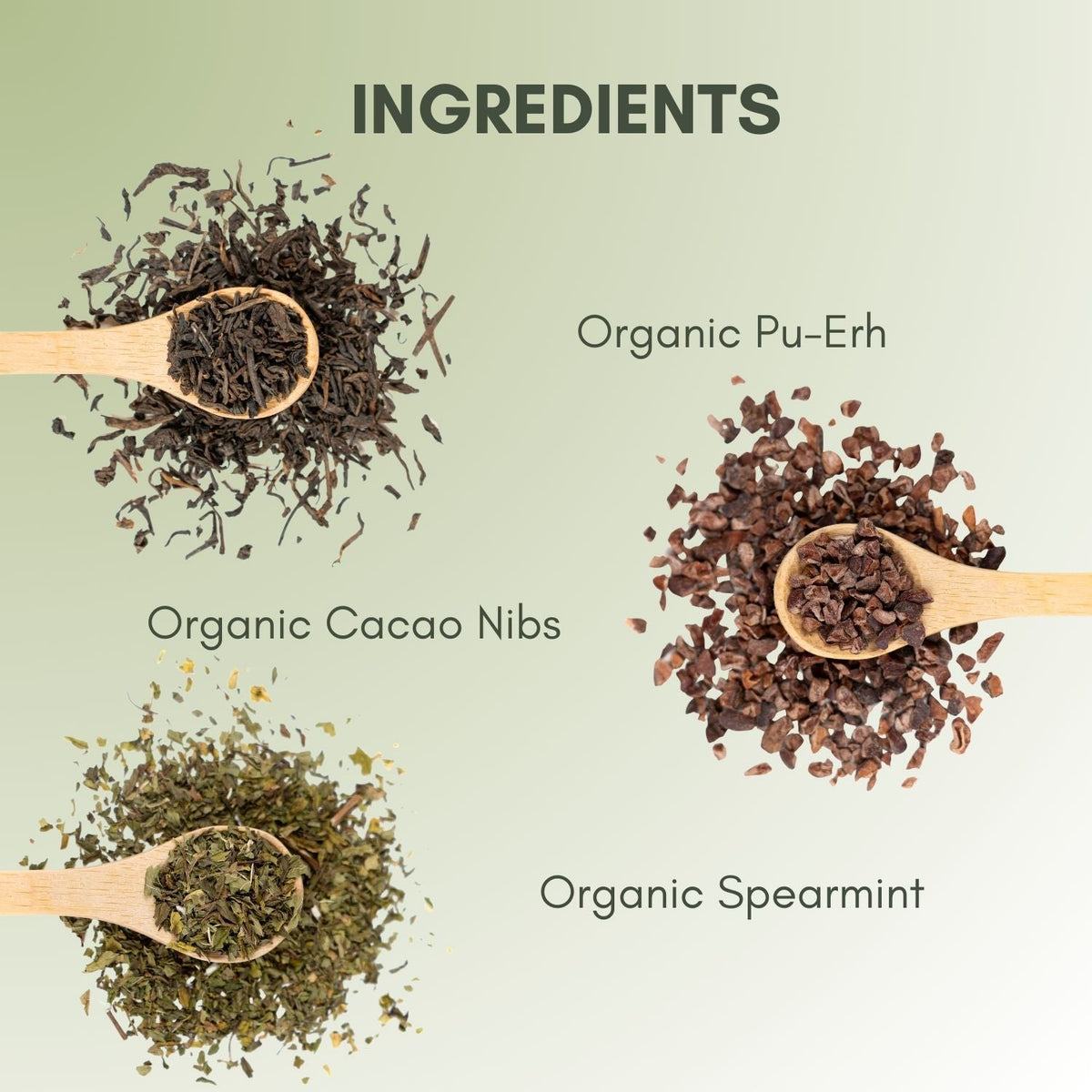 An Ingredient list for Organic Mint Cocoa Pu-Erh Tea.