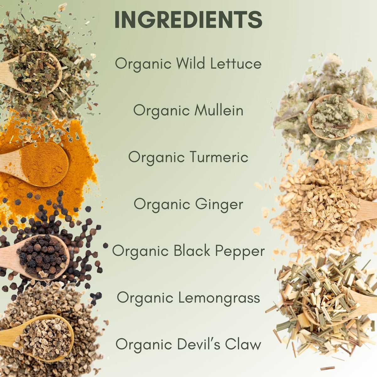 An Ingredient list for Organic Pain Relief Tea.