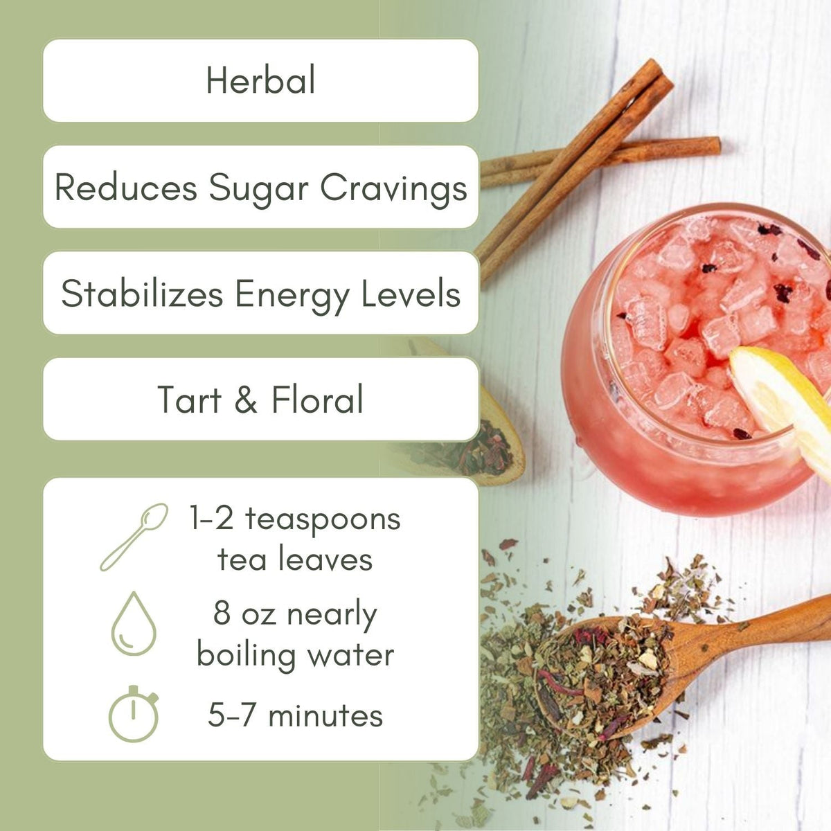 Informational graphic for sugar crush tea. Flavor is tart and floral, stabilizes energy levels, and reduces sugar cravings. 